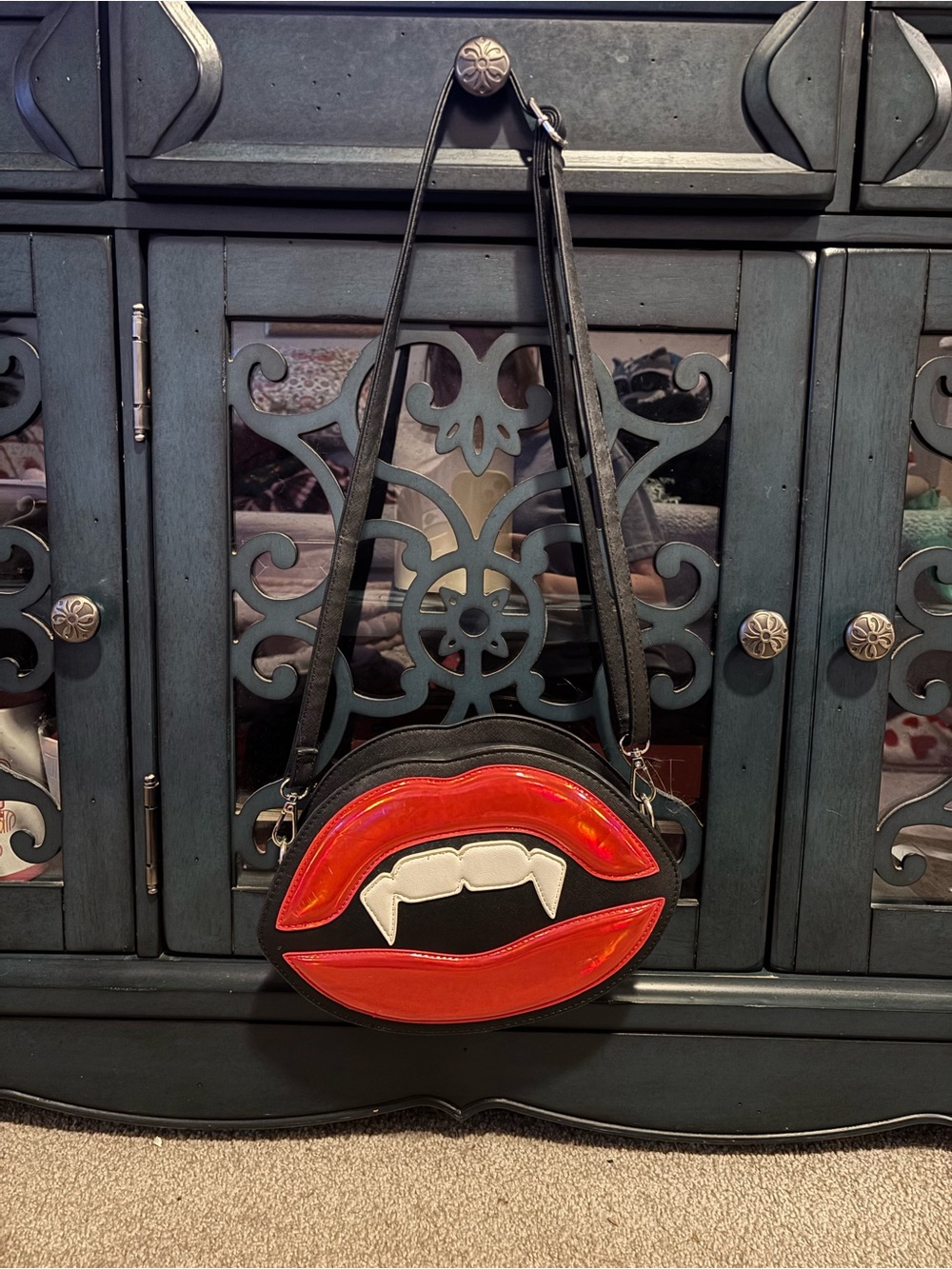 Vampire Fang Red Lip Crossbody Bag with Adjustable Strap